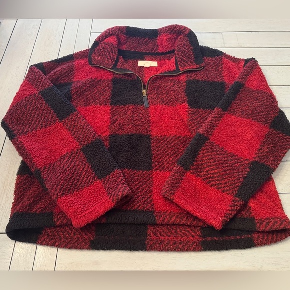 Thread & Supply Tops - Thread + Supply 1/2 Zip Red Black Buffalo Check Fleece Pullover SZ Large Cropped
